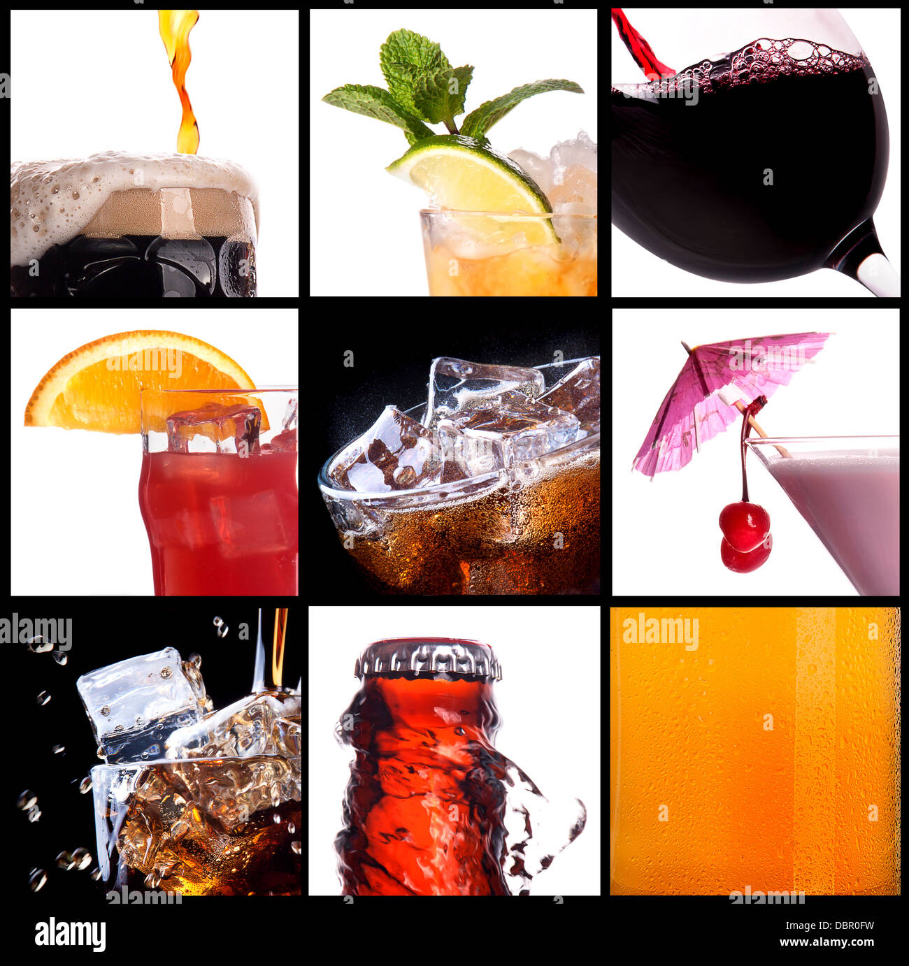 collage with alcohol cocktails beer, martini, soda,cola,cocktail,wine