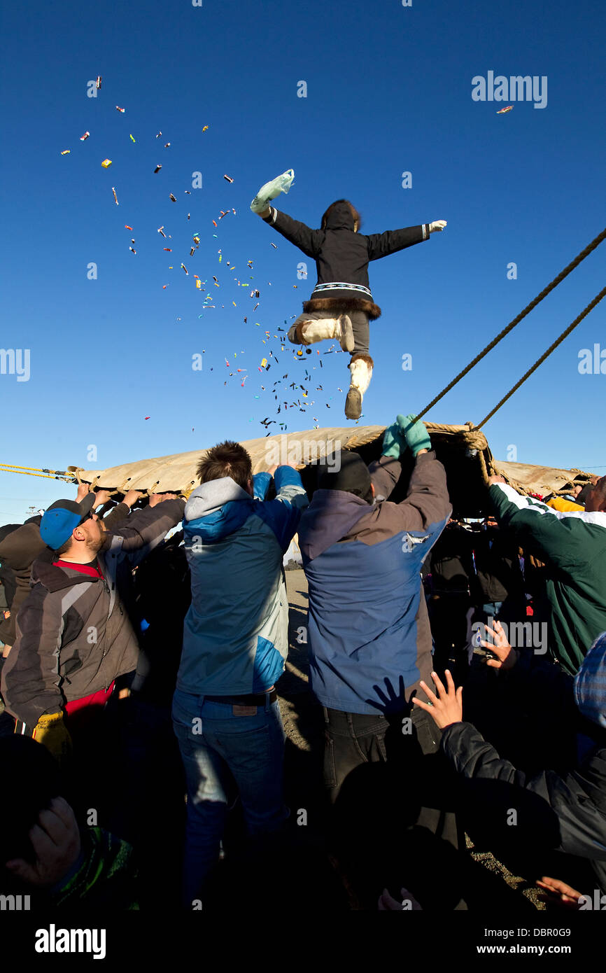 Blanket toss at Inupiat Nalukataq Whaling Festival, Barrow Alaska