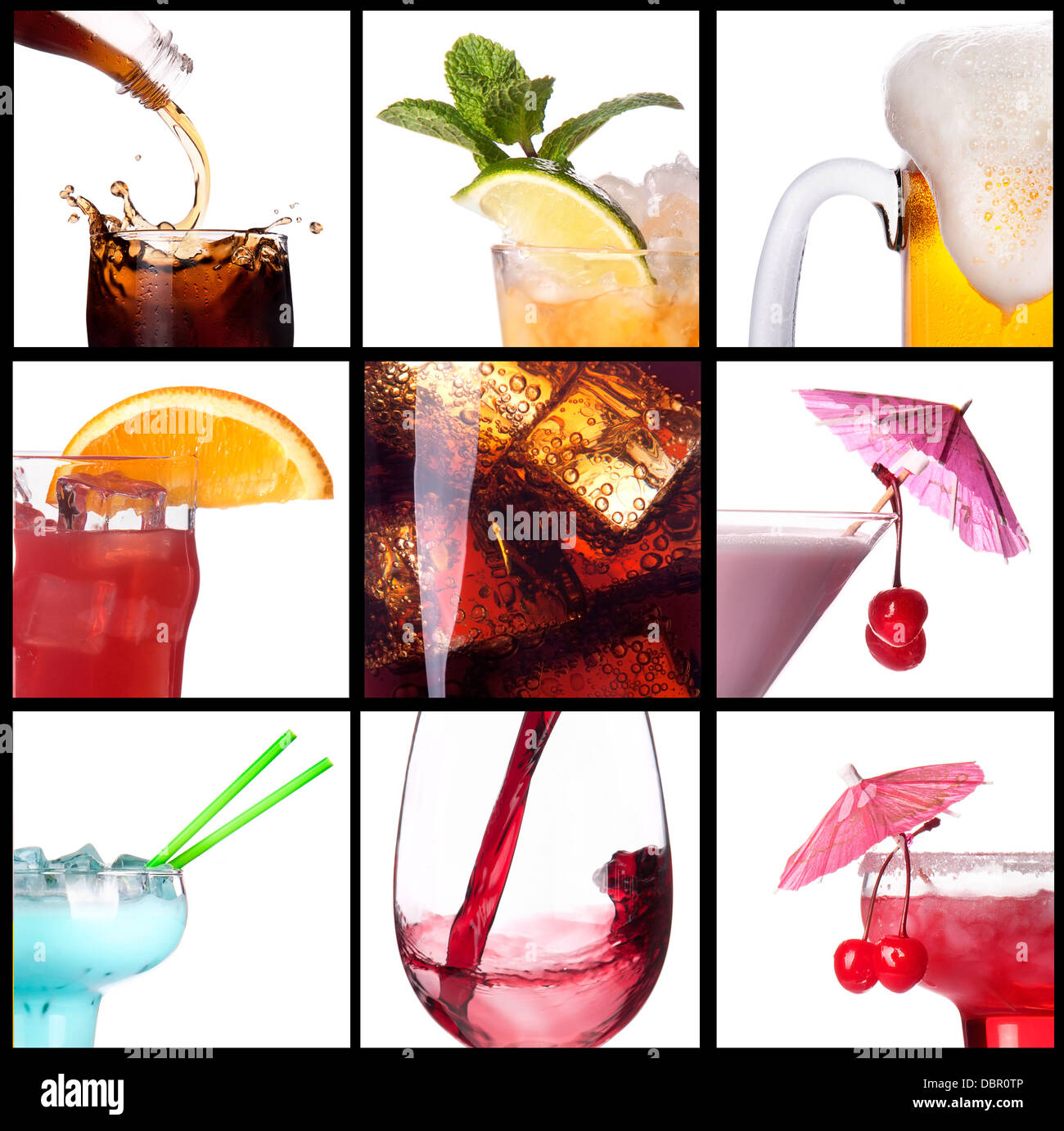 collage with alcohol cocktails beer, martini, soda,cola,cocktail,wine