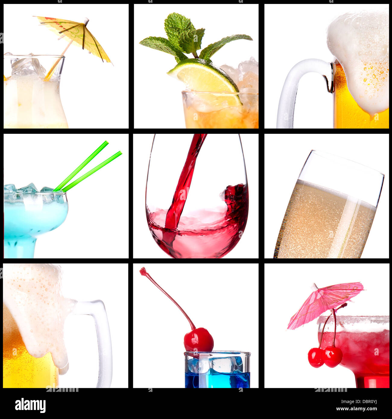 collage with alcohol cocktails beer, martini, soda,cola,cocktail,wine