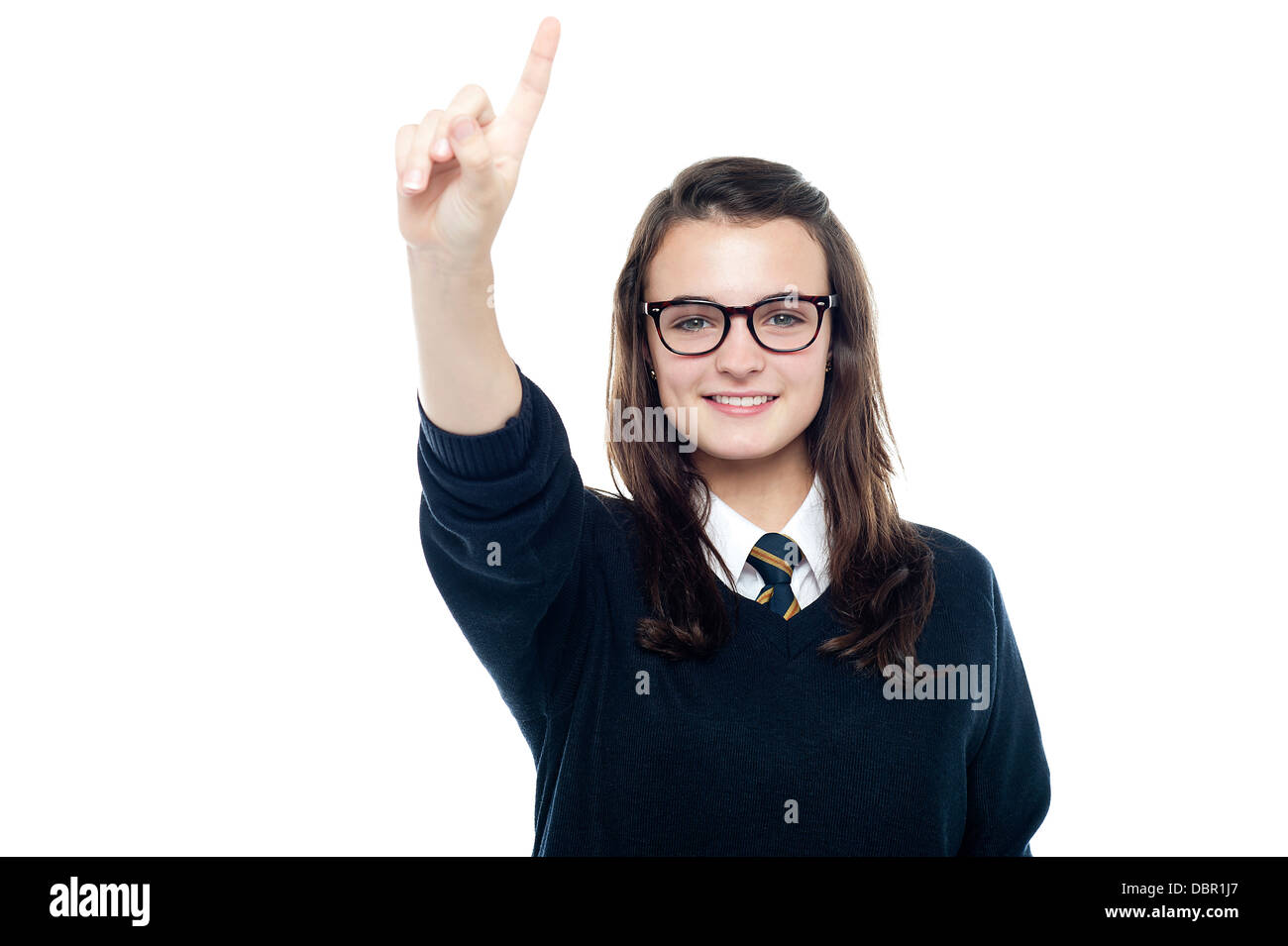 Woman raising finger answer hi-res stock photography and images - Alamy