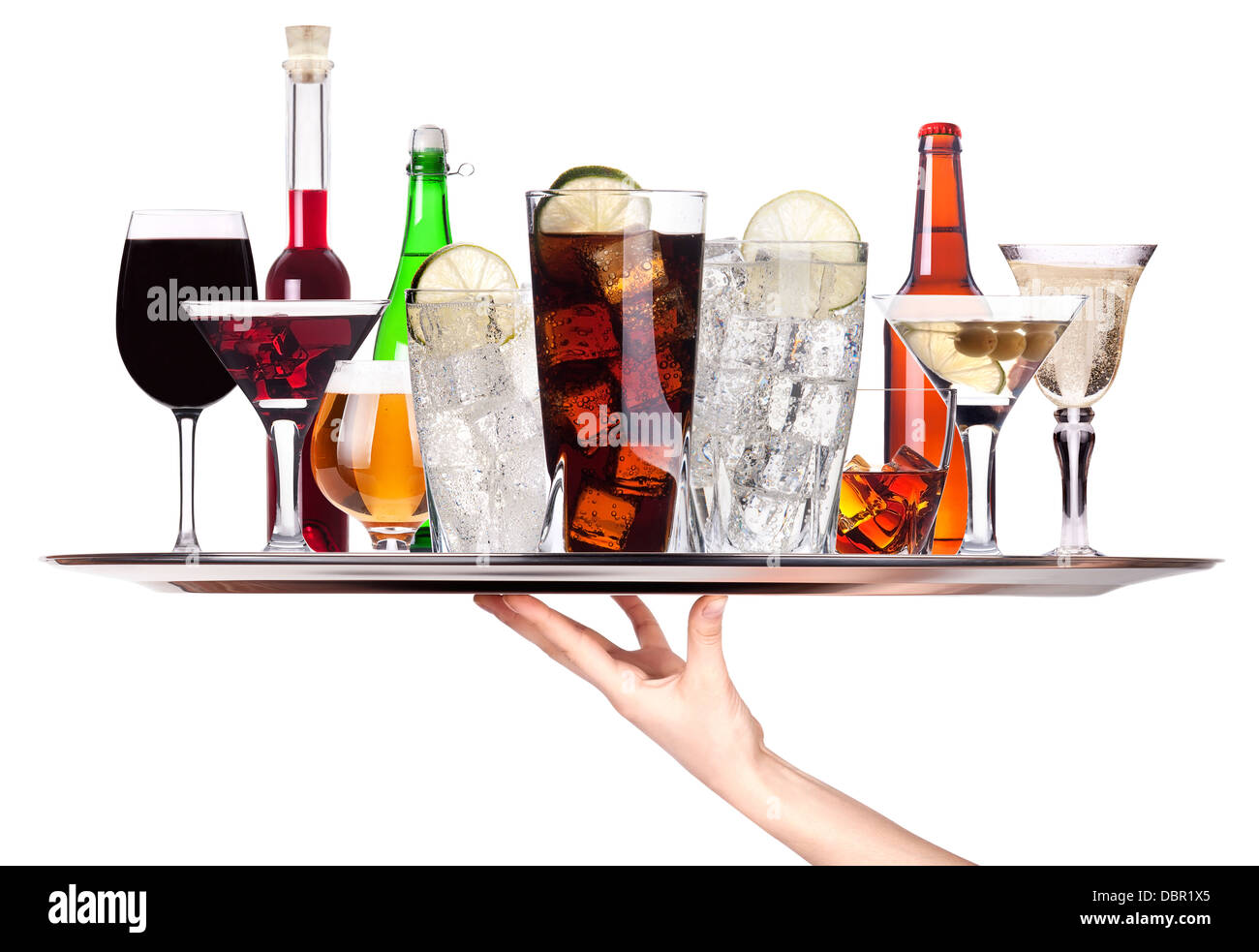 different alcohol drinks on a tray beer,cocktail,champagne,wine