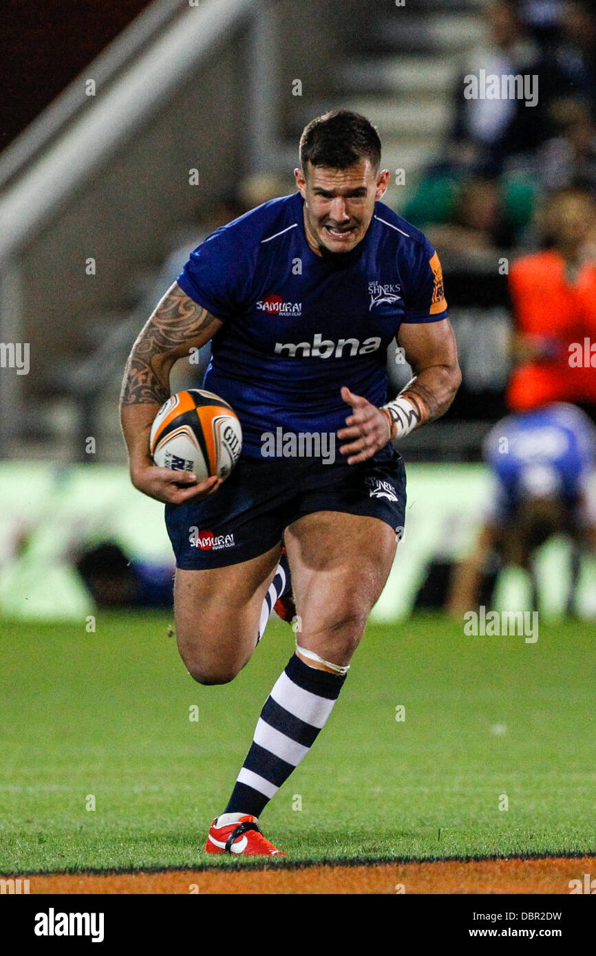Northampton, UK. 02nd Aug, 2013. Danny WADDY of Sale Sharks during the J.P.Morgan Premiership Rugby 7's Group B qualifying leg from Franklin's Gardens. Final score: New castle Falcons 12-5 Sale Sharks. Credit:  Action Plus Sports/Alamy Live News Stock Photo