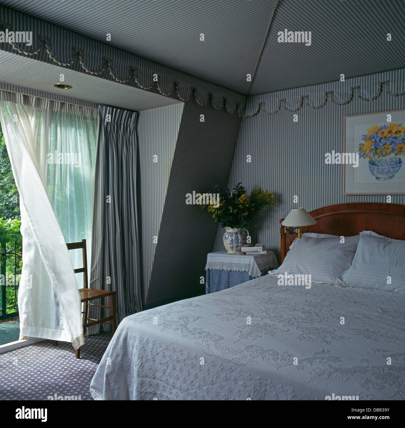 Blue White Striped Fabric On Walls And Ceiling With Matching