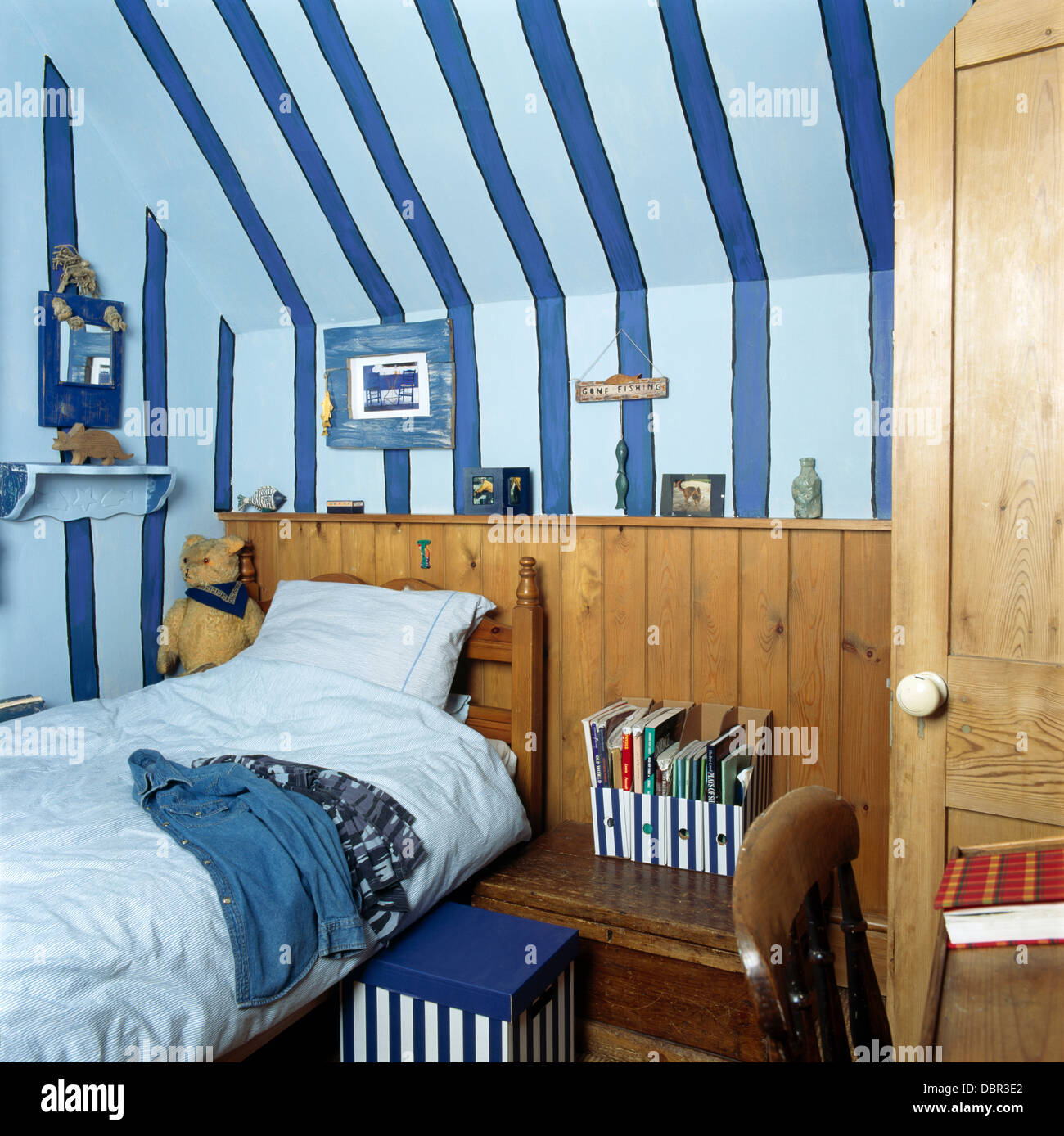 Wide Blue Stripes Painted On Wall Of Child S Cottage Bedroom