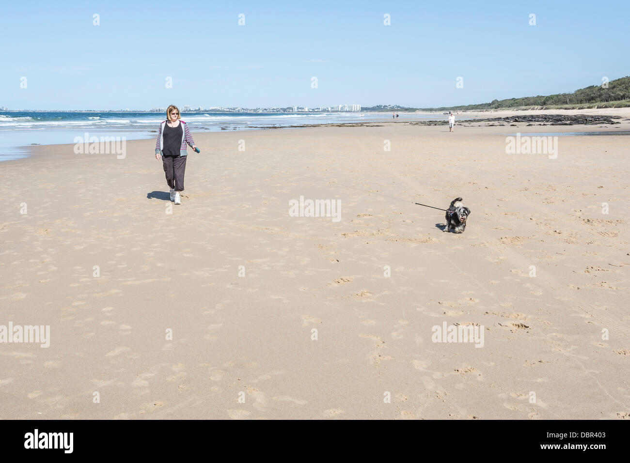 Woman walking small dog at Mudjimba Beach on Sunshine Coast, Queensland, Australia Stock Photo