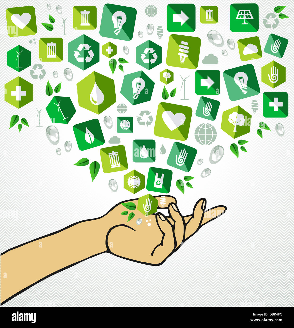 Human hand sustainable development flat icons splash illustration. This vector illustration is layered for easy manipulation and custom coloring Stock Photo