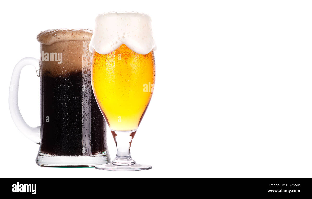 Frosty glass of light and dark beer set isolated on a white background
