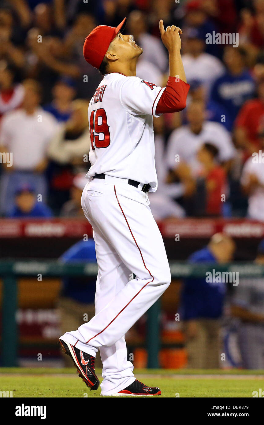 Anaheim, California, USA. 2nd Aug, 2013. August 2, 2013 Anaheim, California: Los Angeles Angels relief pitcher Ernesto Frieri (49) walks off the pitchers mound after closing in the ninth inning with a 103 MPH fastball during the Major League Baseball game between the Toronto Blue Jays and the Los Angeles Angels at Angel Stadium on August 2, 2013 in Anaheim, California. Angels defeat the Blue Jays 7-5. Rob Carmell/CSM/Alamy Live News Stock Photo