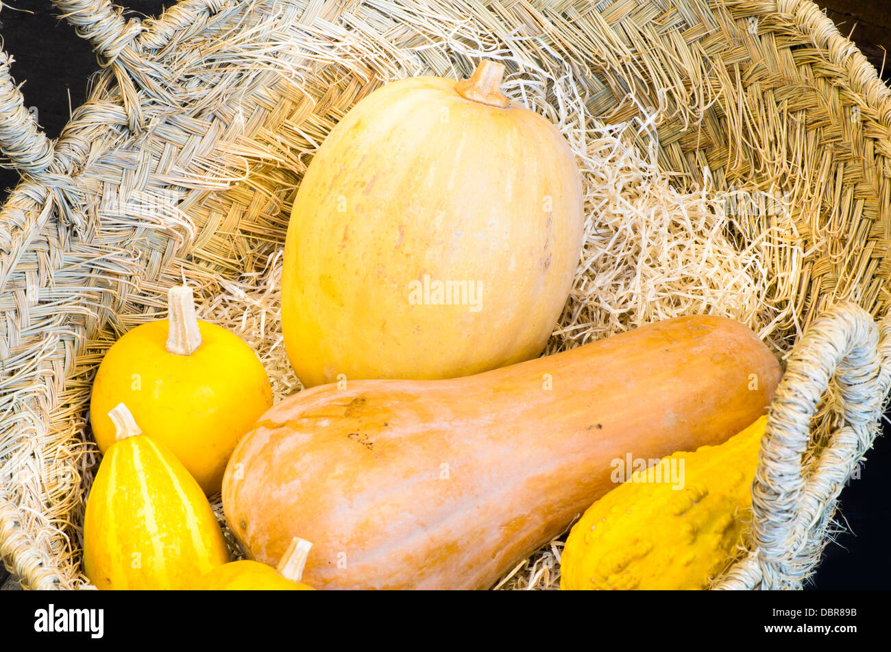 Pumpkin in a Basket in a rustic store Stock Photo