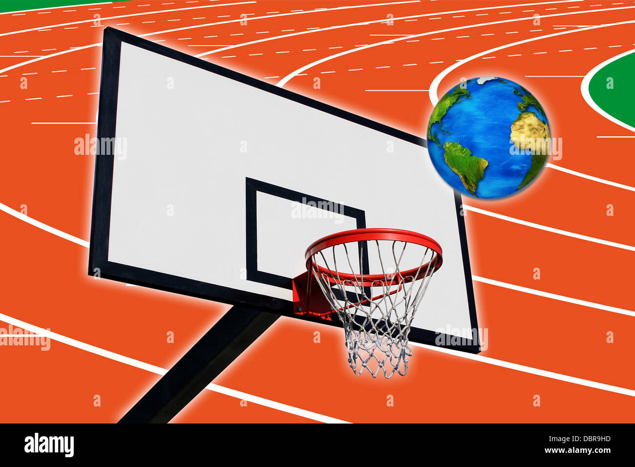 an earth and a panel of basketball on a background of a running track Stock Photo