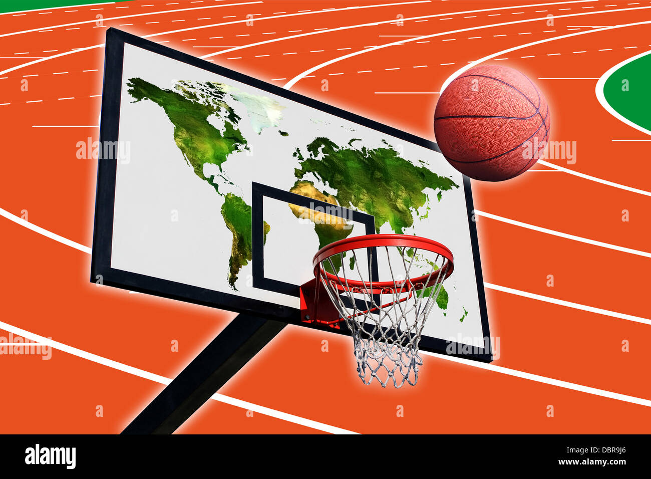 a basketball and a panel of basketball with a world map on a background of running track Stock Photo