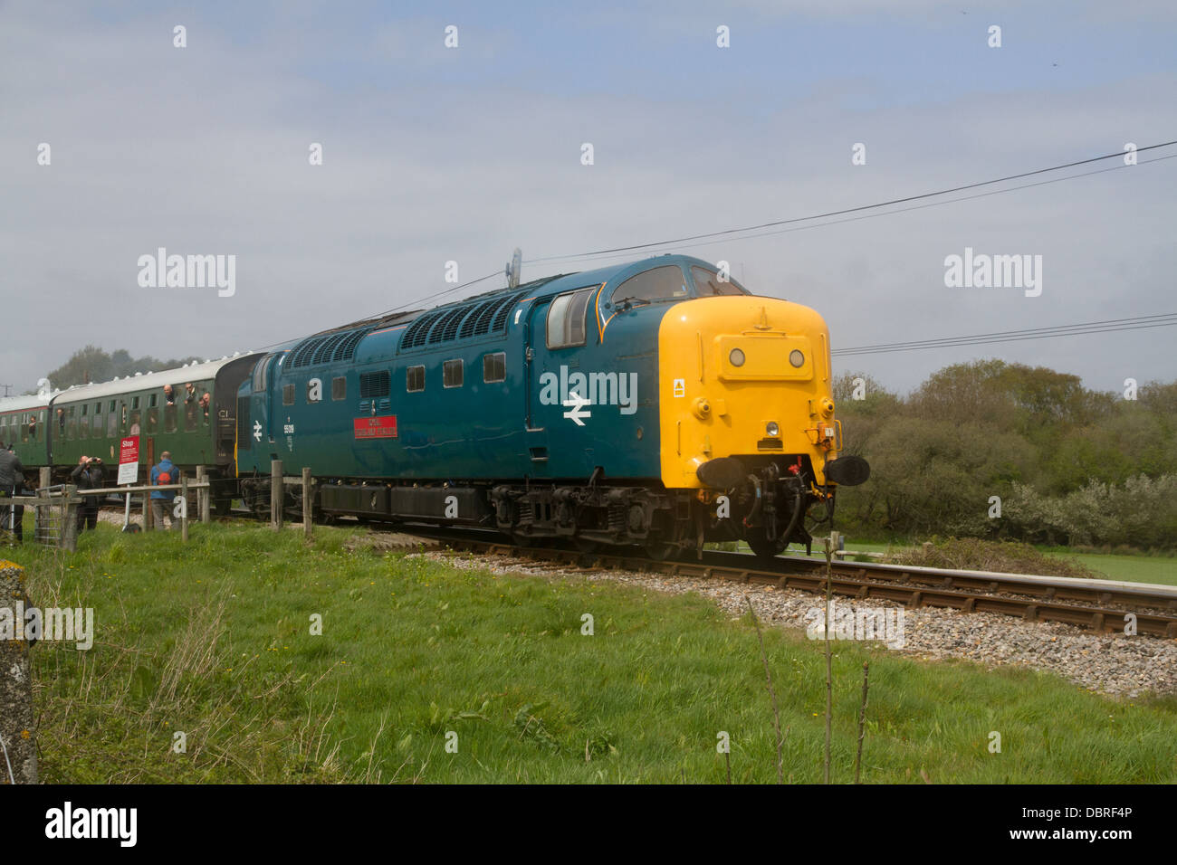 Diesel Locomotive heads a special train during the 2013 Diesel Gala on the Swanage Steam Railway Dorset Stock Photo