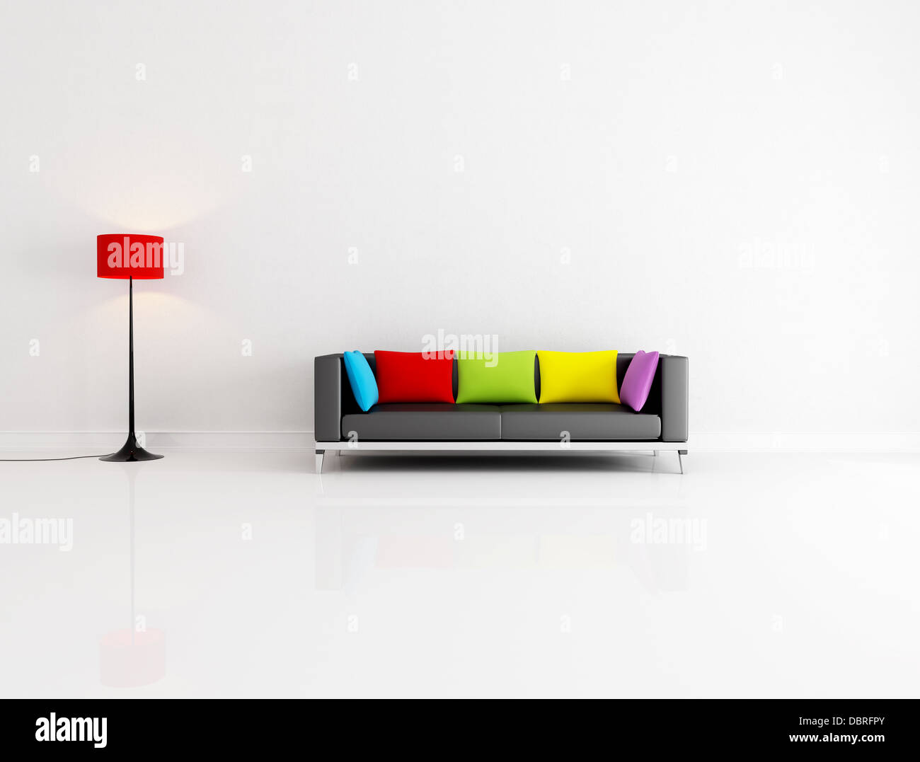 white minimalist living room with black couch with colored cushion