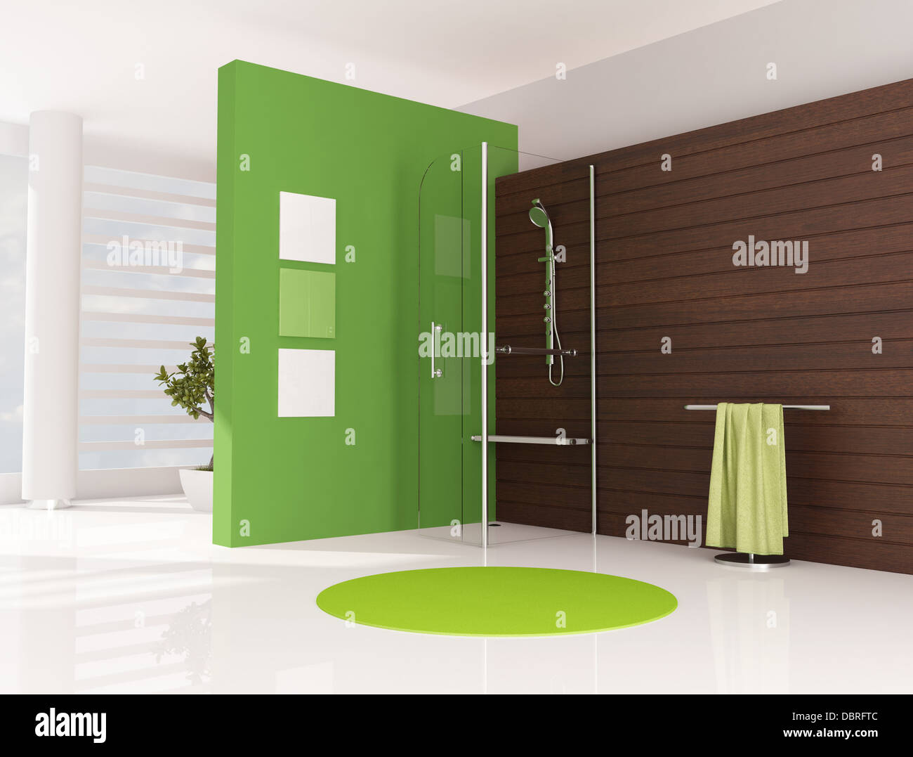 green bathroom with cabin shower and wooden panel - rendering Stock ...