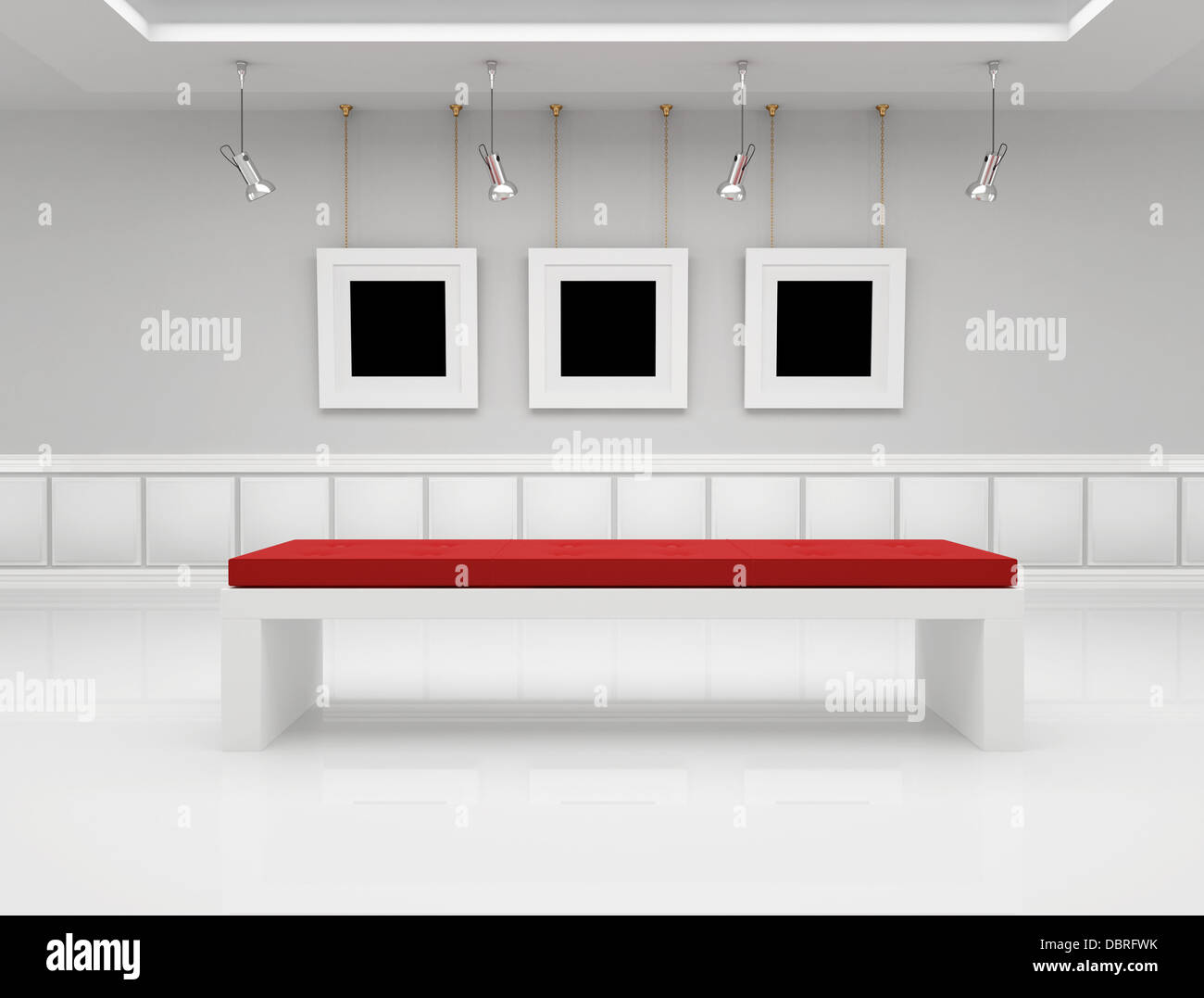 Modern art gallery with blank frame and bench rendering Stock Photo