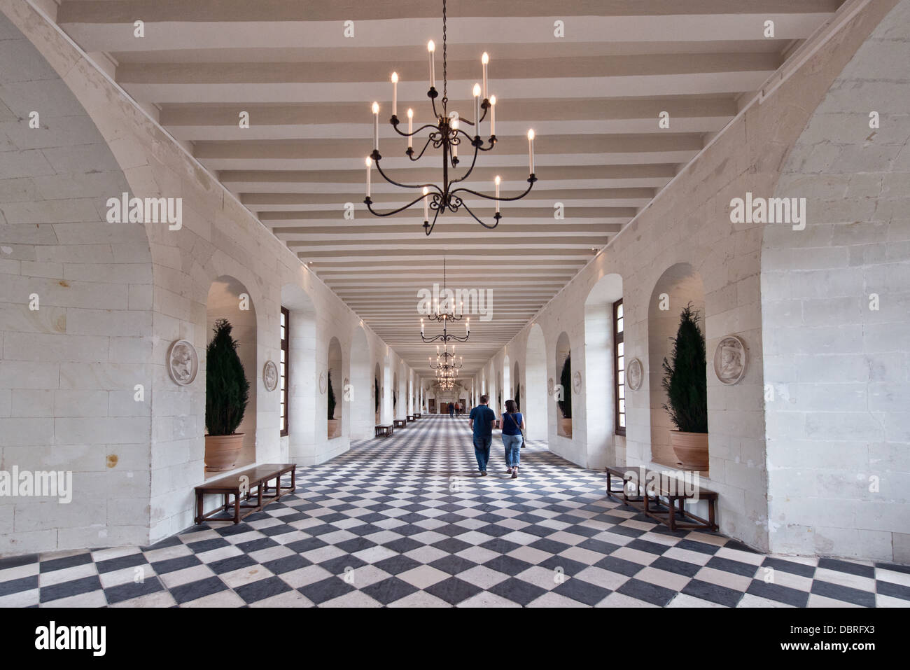 Tourists visiting the Grand hall at Château Chenonceau in the Loire Valley, France Stock Photo