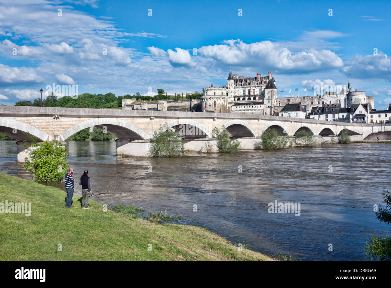 The historic Château, town & bridge at Amboise under a sunny sky overlooking and reflected in the river Loire, France Stock Photo