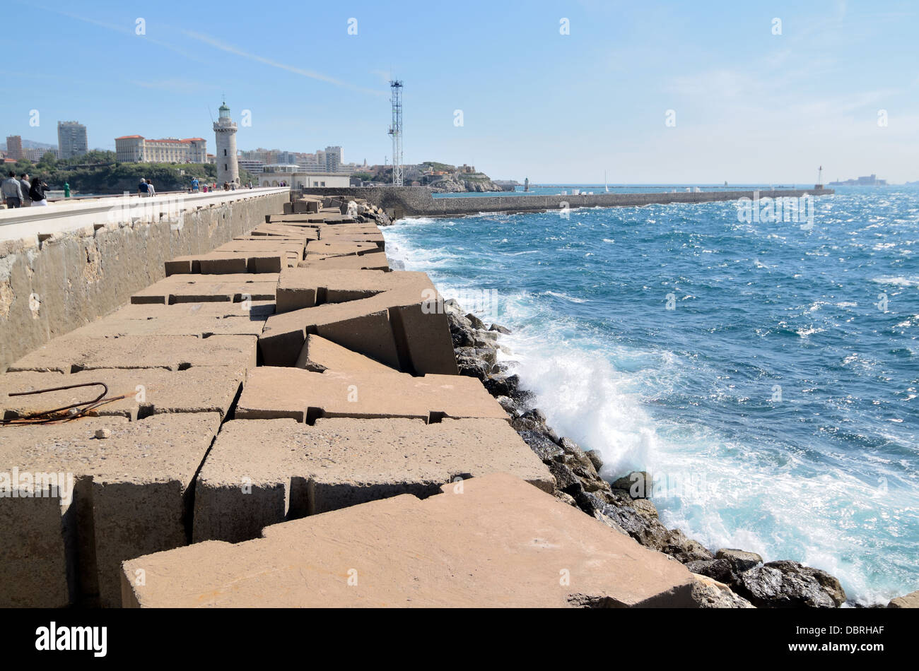 Sea Wall Defenses Breakwater or Break Water Protecting Marseille Port Harbor Harbour or Docks Marseille Provence France Stock Photo