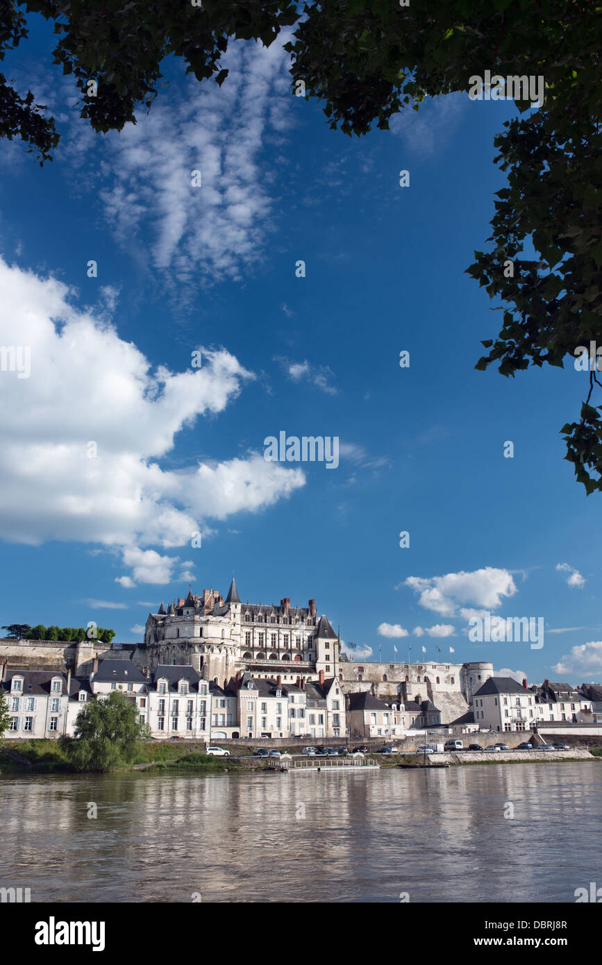 Château d'Amboise & the town in sunny weather from across the river Loire, France. Stock Photo