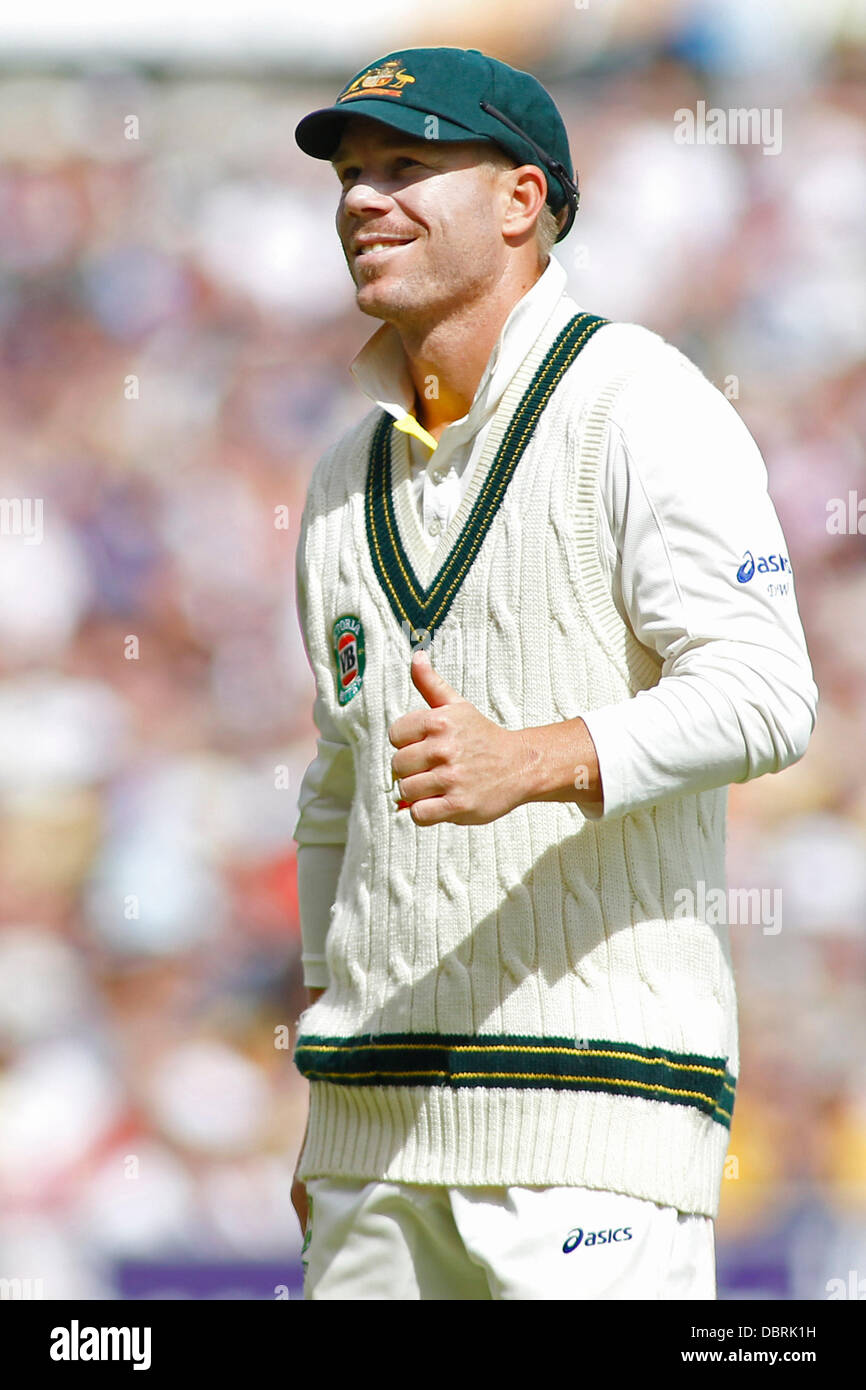 Manchester, UK. 03rd Aug, 2013. David Warner gives a thumbs up to some fans during day three of the Investec Ashes 3rd test match at Old Trafford Cricket Ground, on August 03, 2013 in London, England. Credit:  Mitchell Gunn/ESPA/Alamy Live News Stock Photo