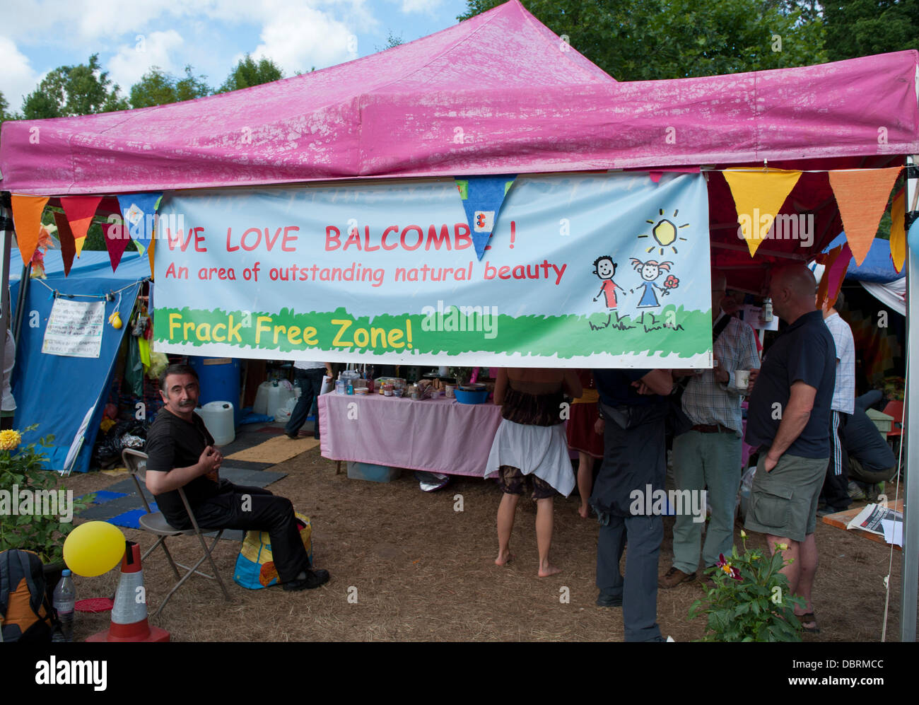 Balcombe, West Sussex, UK. 03rd Aug, 2013. Banner and tent at Balcombe against Fracking and Cuadrilla's exploratory drilling for oil and gas Credit:  Prixnews/Alamy Live News Stock Photo
