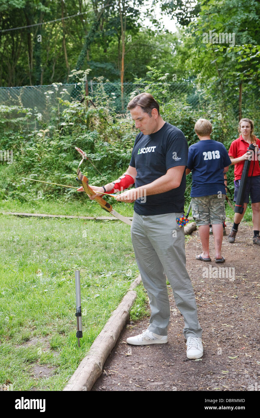 Downe, UK. 3rd August 2013. David Walliams trying archery at Campdowne 2013 in Downe scout