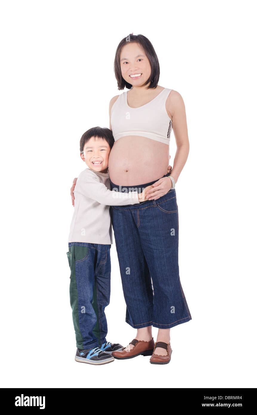 Pregnant Asian mother and her son Stock Photo
