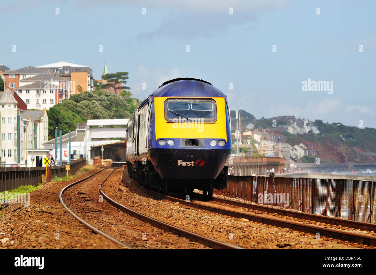 First Great Western high speed train passing along the sea wall at