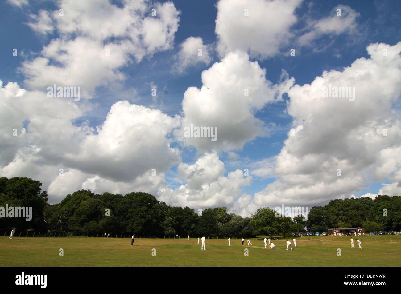 Roundhill cricket ground (home ground of Bramshaw Cricket Club) New Forest, Hampshire, England, UK. Bramshaw versus Portsmouth Stock Photo