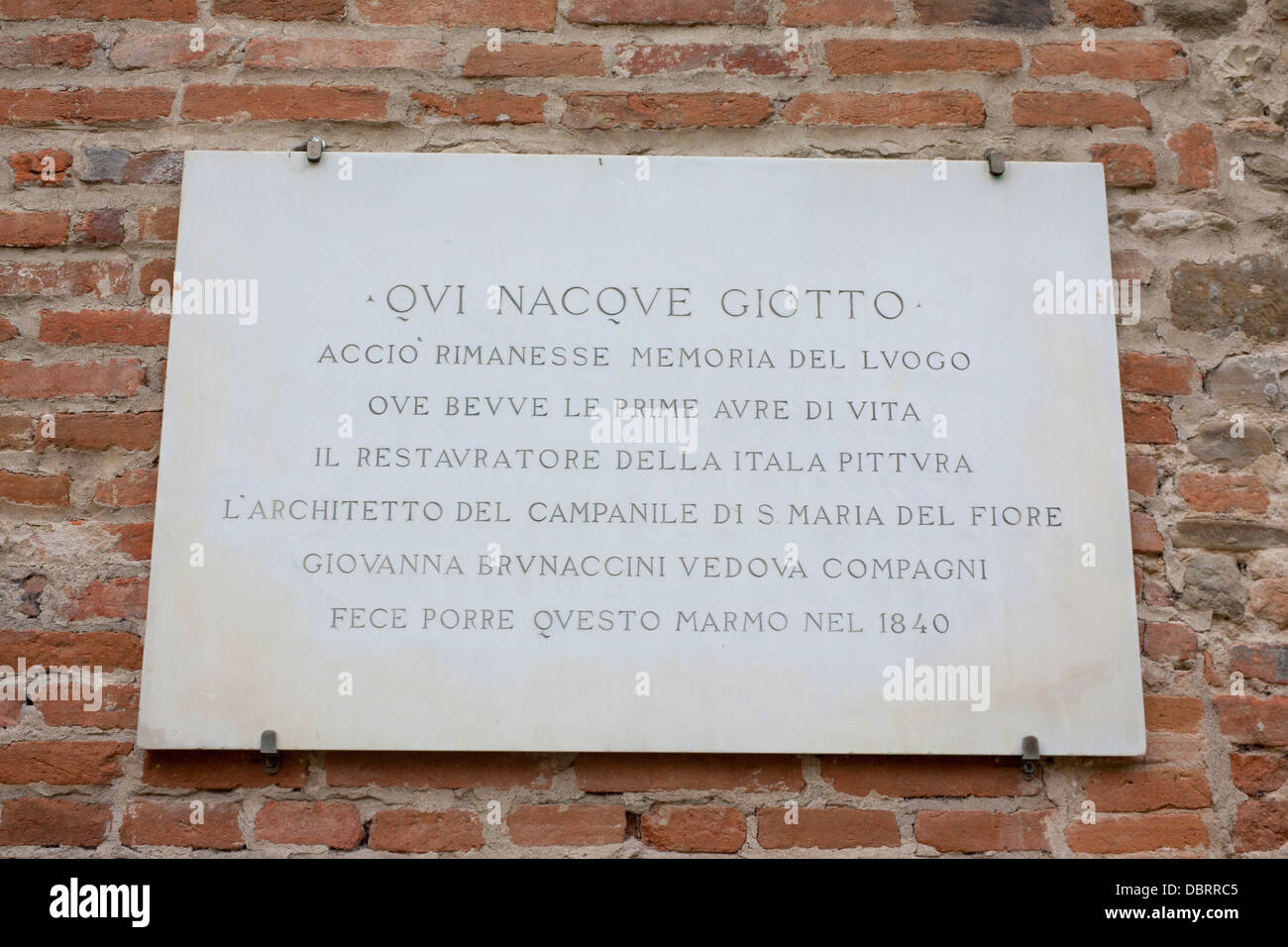 Plaque on wall of Casa Natale di Giotto Birthplace of Giotto da Bondone artist and architect Vespignano Mugello Tuscany Italy Stock Photo