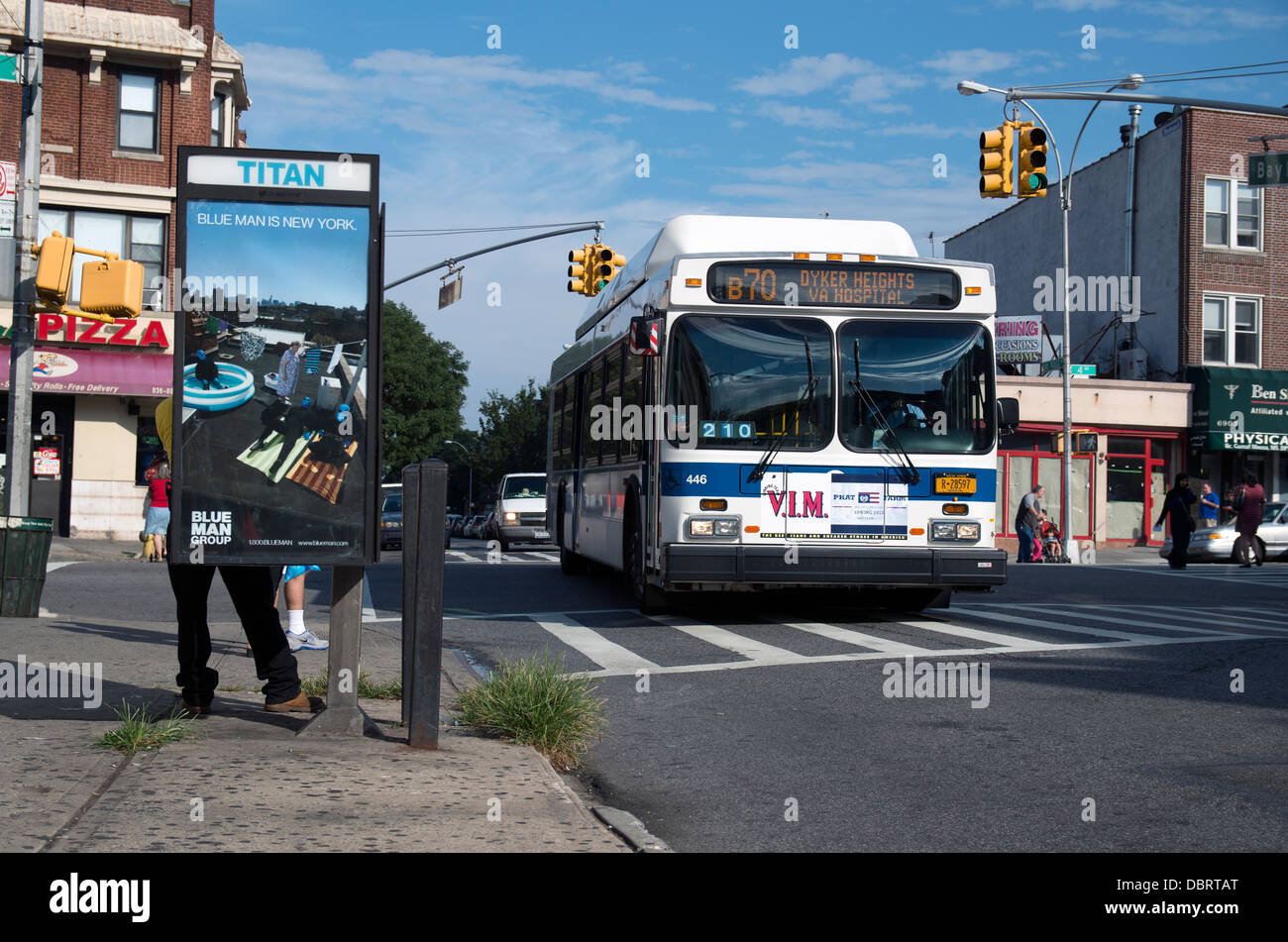 MTA B70 Bus at the intersection of 4th Ave and Bay Ridge Avenue in Brooklyn, New York. Stock Photo