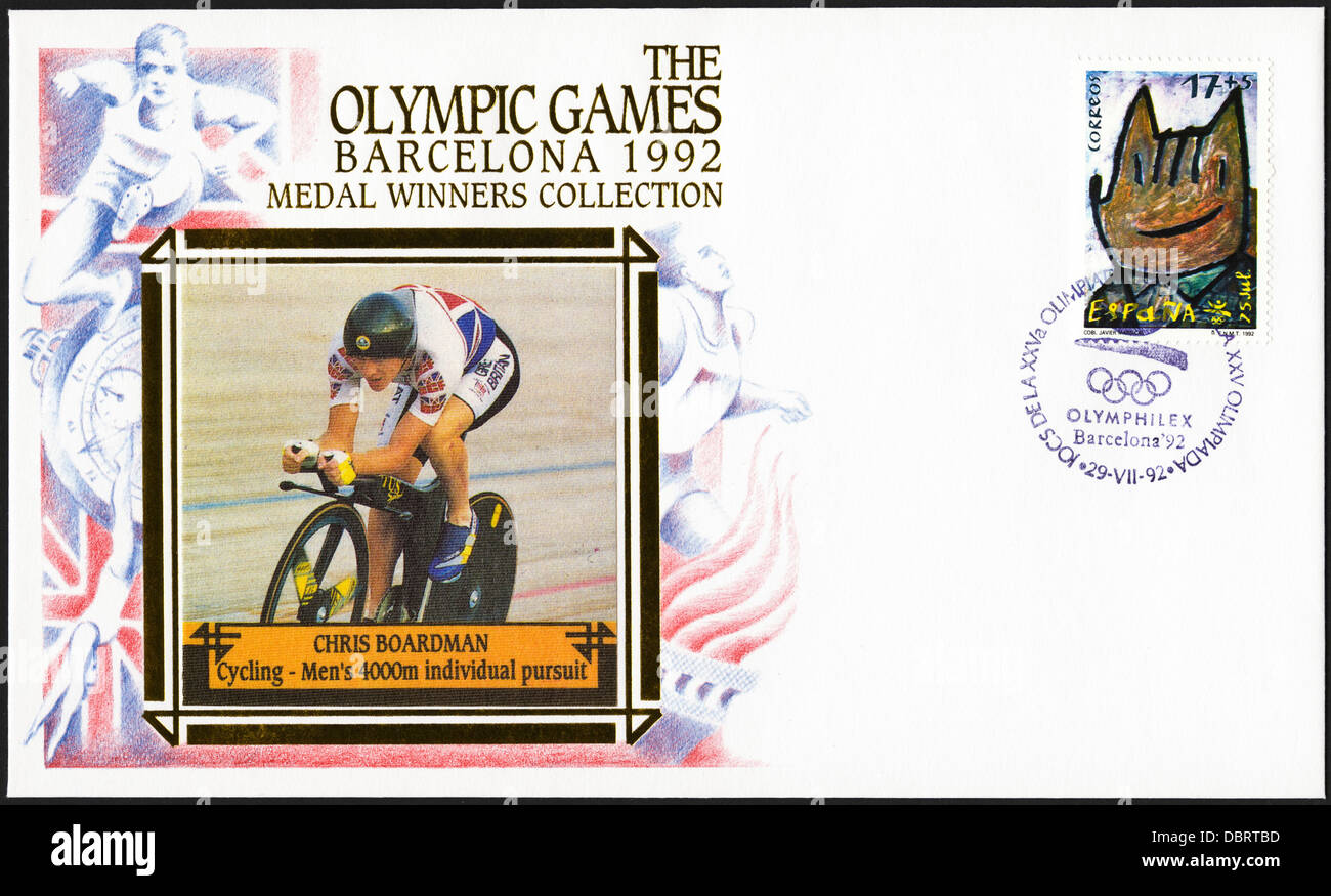 Postage stamp commemorative first day cover of the Medal Winners Collection from the 1992 Barcelona Olympic Games featuring Chris Boardman of Great Britain winning the Gold Medal for the men's cycling 4000m individual pursuit. Stock Photo