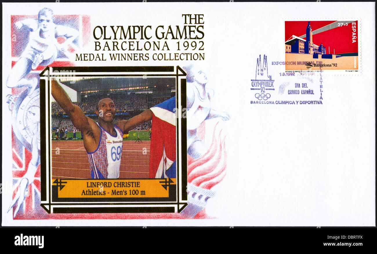 Postage stamp commemorative first day cover of the Medal Winners Collection from the 1992 Barcelona Olympic Games featuring Linford Christie of Great Britain winning the Gold Medal for Athletics - Men's 100m Stock Photo