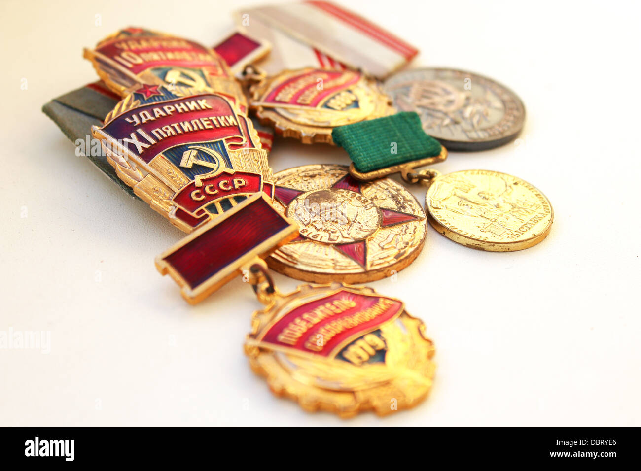 The isolated images of Soviet medals for valorous work Stock Photo