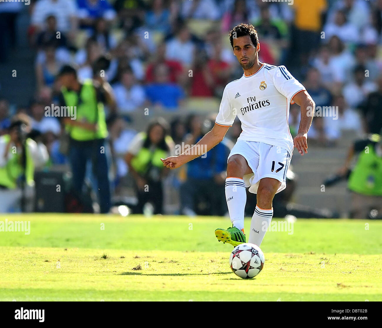 August 3, 2013 Los Angeles, CA.Real Madrid defender Alvaro Arbeloa (17) moves the ball in action during Match 5 of the Guinness International Champions Cup Soccer game between Everton and Real Madrid at Dodger Stadium.Real Madrid defeats Everton 2-1.Louis Lopez/CSM Stock Photo