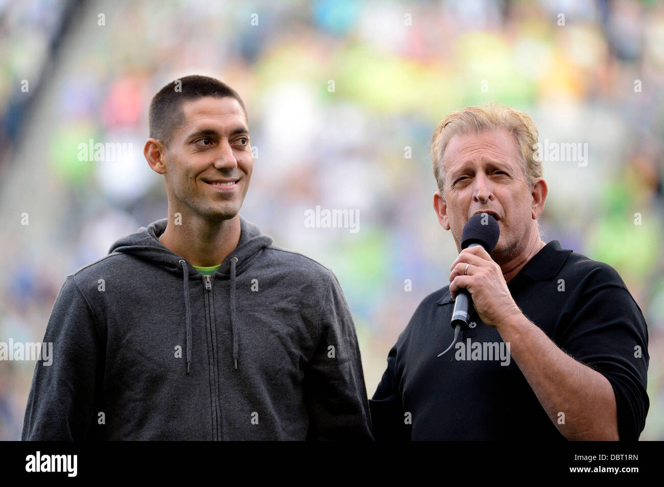 August 3, 2013. Seattle Sounders FC Majority owner Joe Roth introduces newly signed Sounder Clint Dempsey before a game against FC Dallas at CenturyLink Field in Seattle, WA. Seattle Sounders FC defeats FC Dallas 3 - 0.George Holland / Cal Sport Media. Stock Photo