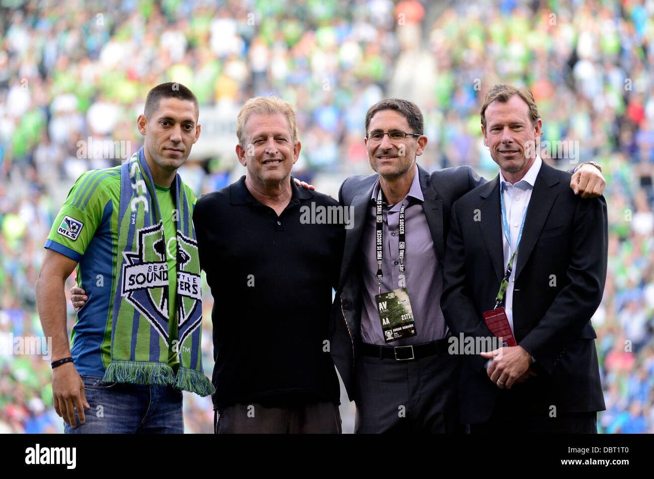 August 3, 2013. New Seattle Sounders FC Clint Dempsey is introduced by Joe Roth, Adrian Hanauer, and Peter McLoughlin before a game against FC Dallas at CenturyLink Field in Seattle, WA. Seattle Sounders FC defeats FC Dallas 3 - 0.George Holland / Cal Sport Media. Stock Photo