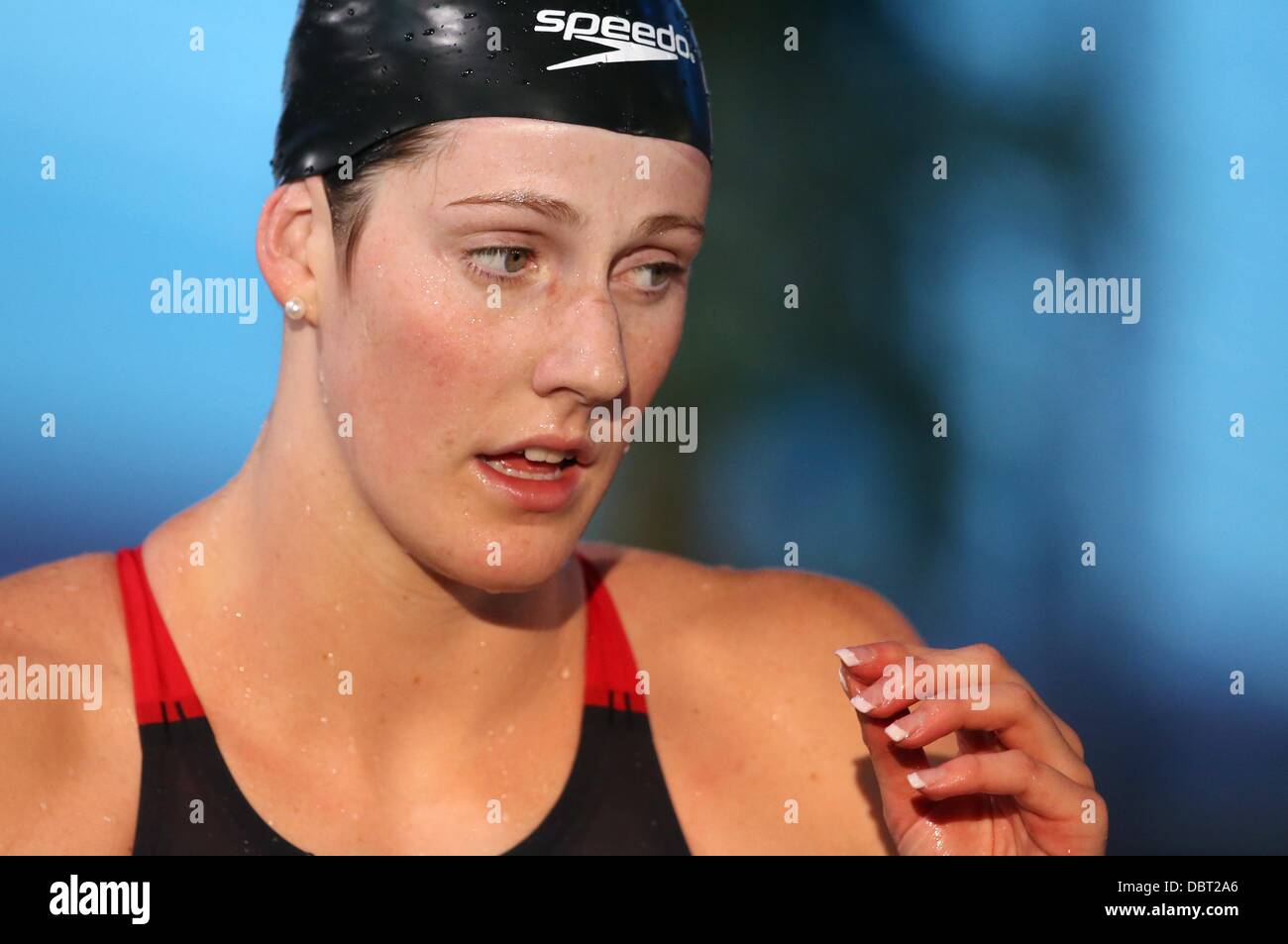 Barcelona, Spain. 03rd Aug, 2013. Missy Franklin of USA reacts after the women's 200m backstroke finals at the 15th FINA Swimming World Championships at Palau Sant Jordi Arena in Barcelona, Spain, 03 August 2013. Photo: Friso Gentsch/dpa/Alamy Live News Stock Photo