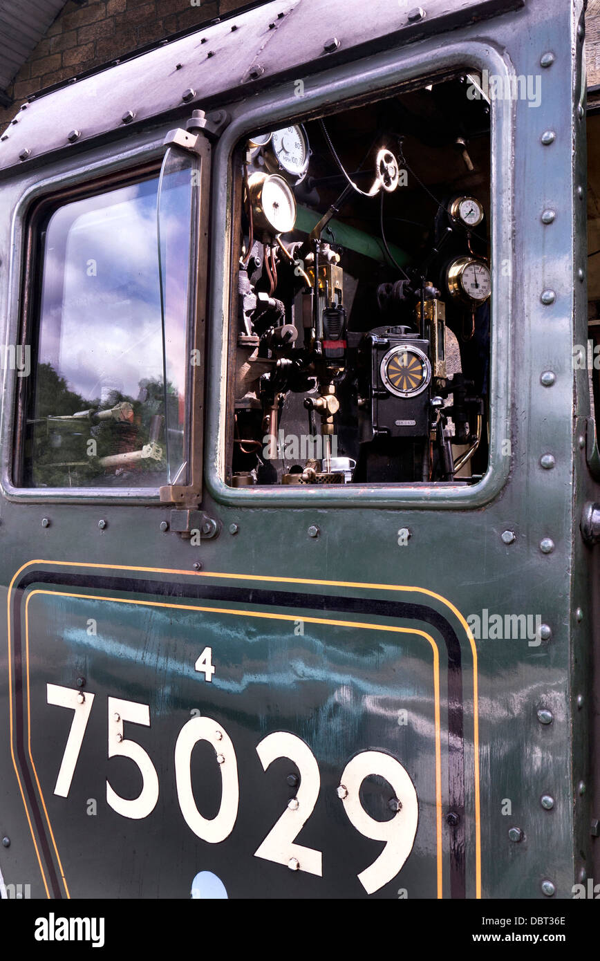 Steam locomotive The Green Knight cab on North Yorkshire Moors Railway Grosmont Stock Photo