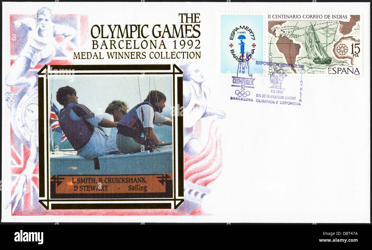 Postage stamp commemorative first day cover of the Medal Winners Collection from the 1992 Barcelona Olympic Games featuring Lawrie Smith, Rod Cruickshank & Ossie Stewart of Great Britain winning the Bronze Medal for Yachting - Soling Class Stock Photo