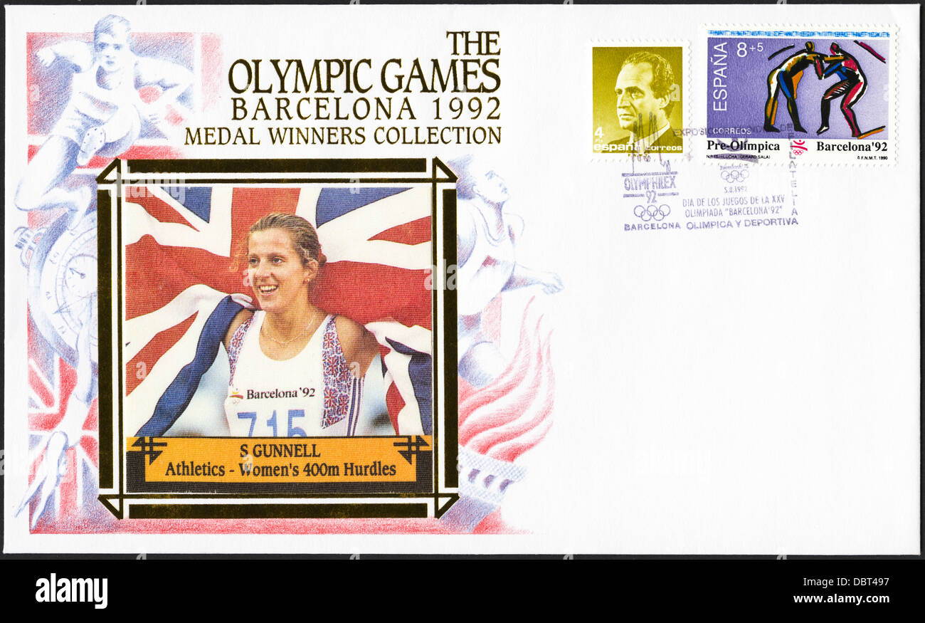 Postage stamp commemorative first day cover of the Medal Winners Collection from the 1992 Barcelona Olympic Games featuring Sally Gunnell of Great Britain winning the Gold Medal for Athletics - Women's 400m Hurdles Stock Photo