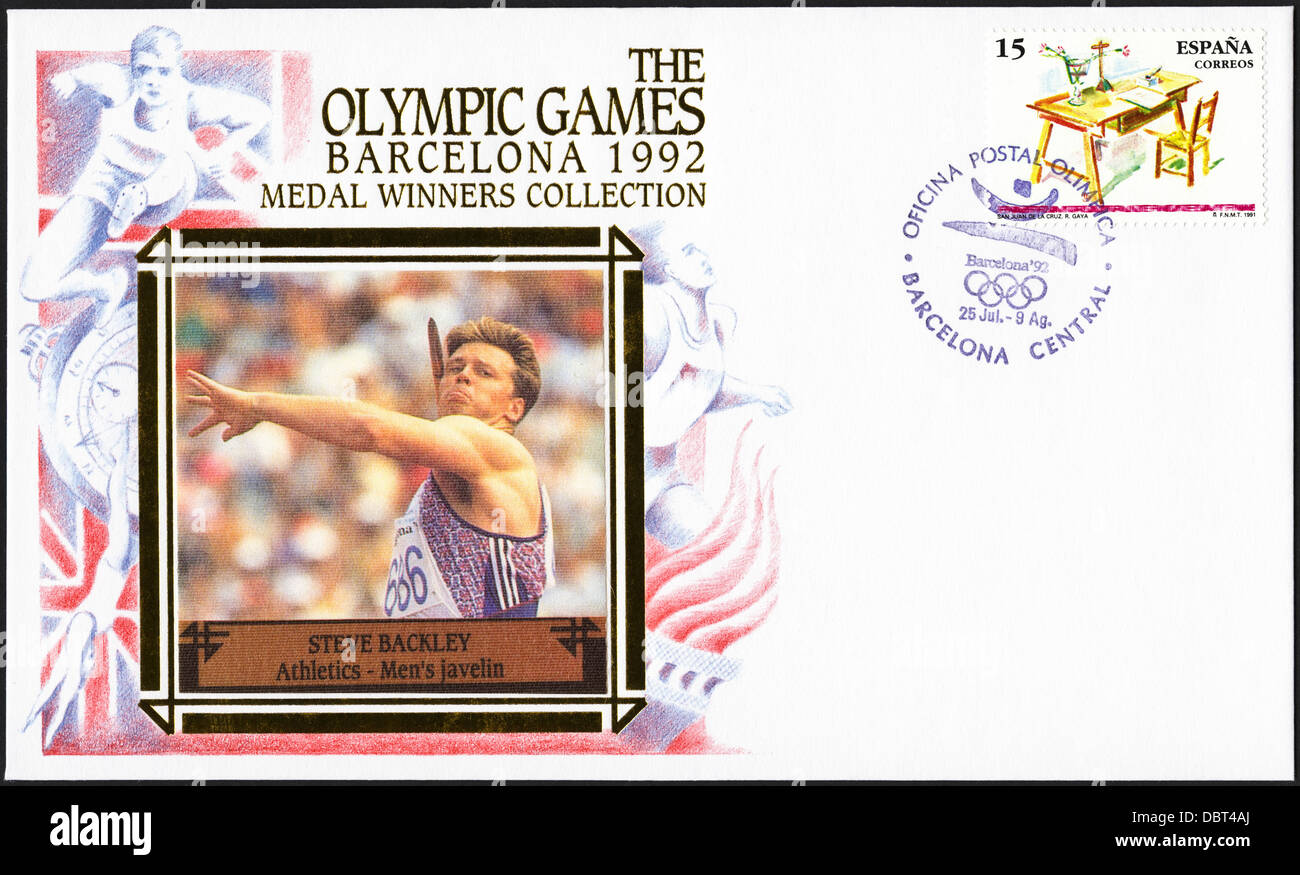 1990s Postage stamp commemorative first day cover of the Medal Winners Collection from the 1992 Barcelona Olympic Games featuring Steve Backley of Great Britain winning the Bronze Medal for Athletics - Men's Javelin Stock Photo
