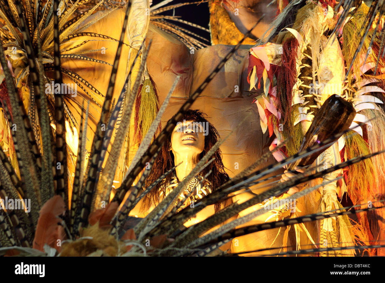 A mannequin of an indigenous Indian on a float during Carnival in Rio de Janeiro, Brazil on