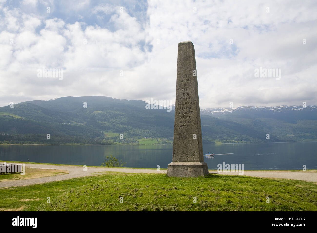 Voss Hordaland Norway Europe Stone monument in front of lake ...