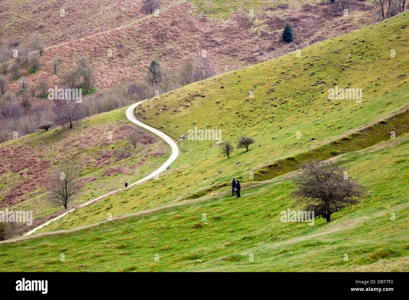 Dog walkers in the Iron Age earthworks below British Camp on the