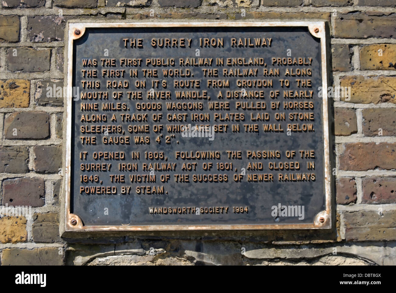 plaque commemorating the 1803 surrey iron railway, the first public railway in england, wandsworth, southwest london, england Stock Photo