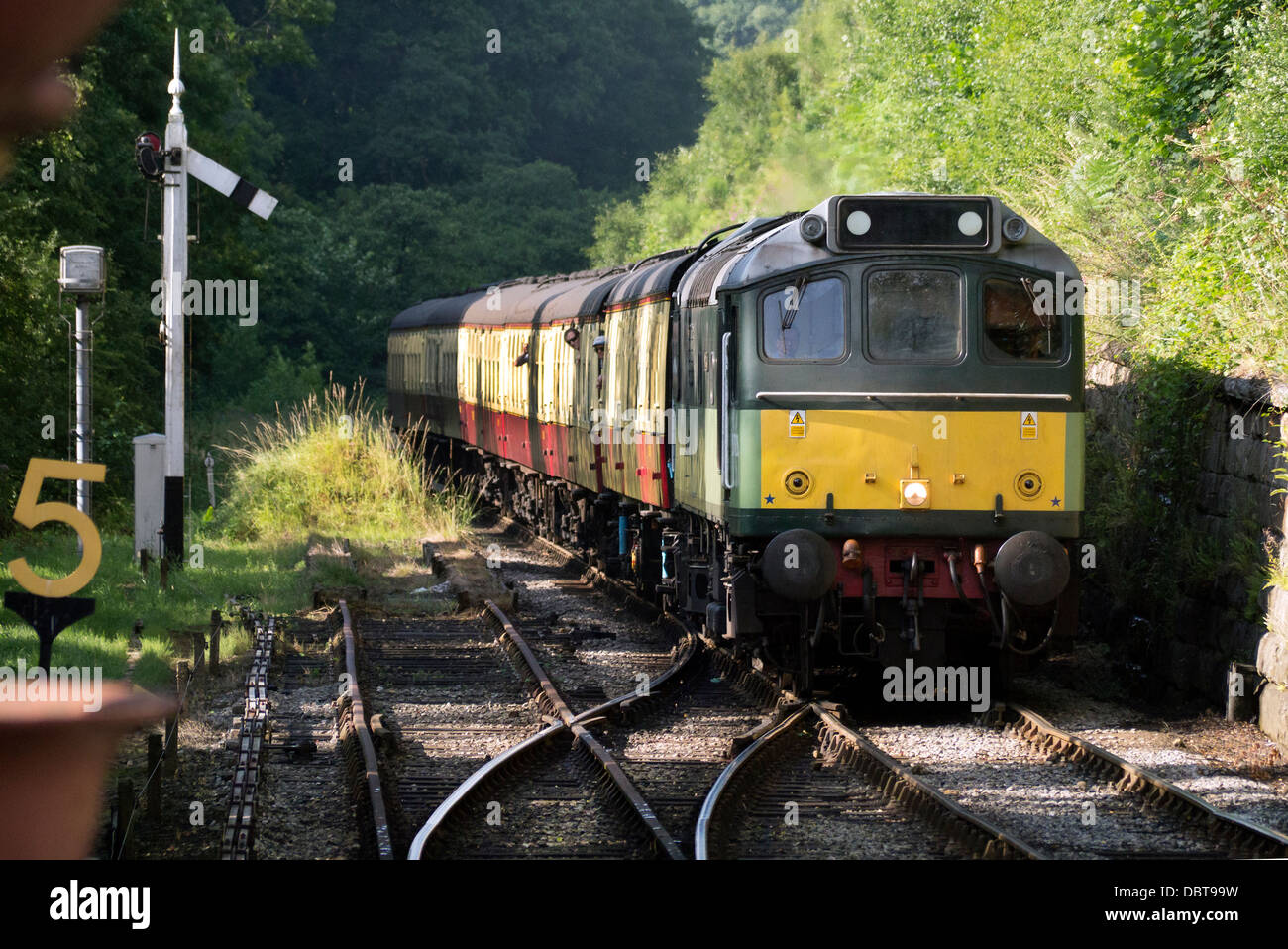 Diesel locomotive arriving at Goathland station on North Yorkshire Moors Railway UK Stock Photo
