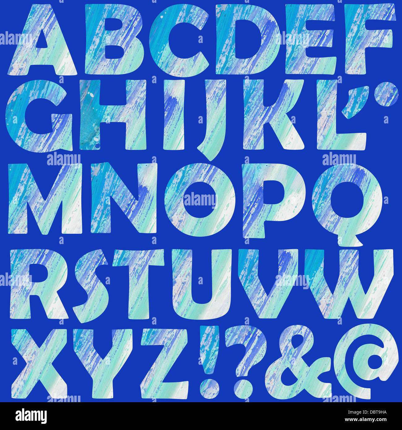 Handwritten blue watercolor alphabet with numbers and symbols Stock