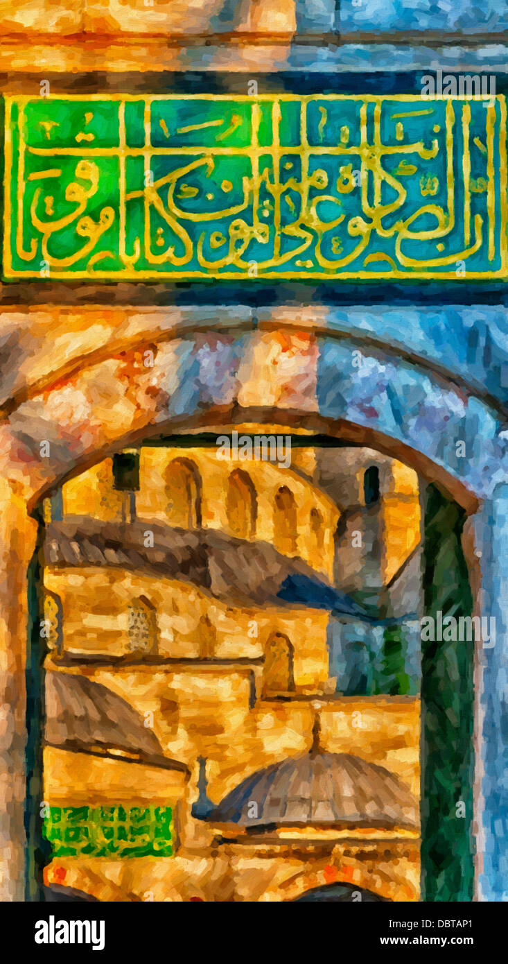 A digital painting of the blue mosque entrance in the turkish city of Istanbul Stock Photo